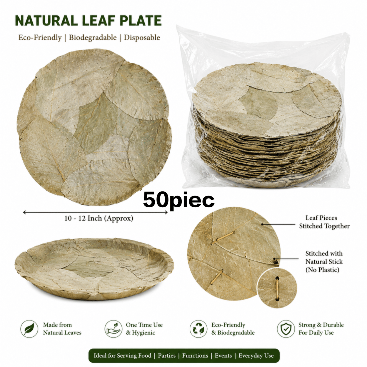 Natural Leaf Plate, Pattal Plate, Dona Pattal, Traditional Leaf Plate, Disposable Leaf Plate 50piec