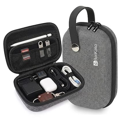 BonKaso Tech Organizer Pouch Hard Shell – Travel Electronics Accessories Case for Charger, USB Cable, Power Bank, Earphones & Hard Drive (Grey)