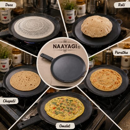 NAAYAGI - PURE IRON DOSA, ROTI TAWA With SILICONE COVERED IRON handle - 10 inch diameter, 1.4 KG, 3 TO 4 MM THICKER