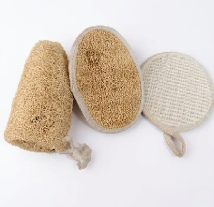 Lifeori 3-Piece Bath Loofah Combo – Natural Ramie Round Loofah, Oval Bath Loofah & Disposable Loofah | Body Scrubber for Deep Cleansing & Exfoliation Gentle Body Scrub Sponge | Eco-Friendly, Biodegradable Body Brush | Pack of 3
