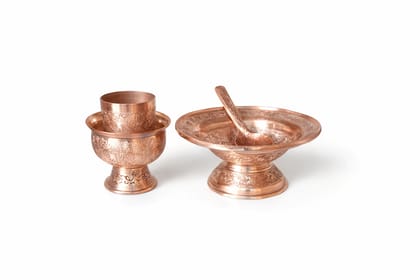 Handcrafted Engraved Copper Pooja Prasad Serving Set with Bowl, Cup & Spoon Handcrafted Engraved Copper Pooja Prasad Serving Set with Bowl, Cup & Spoon