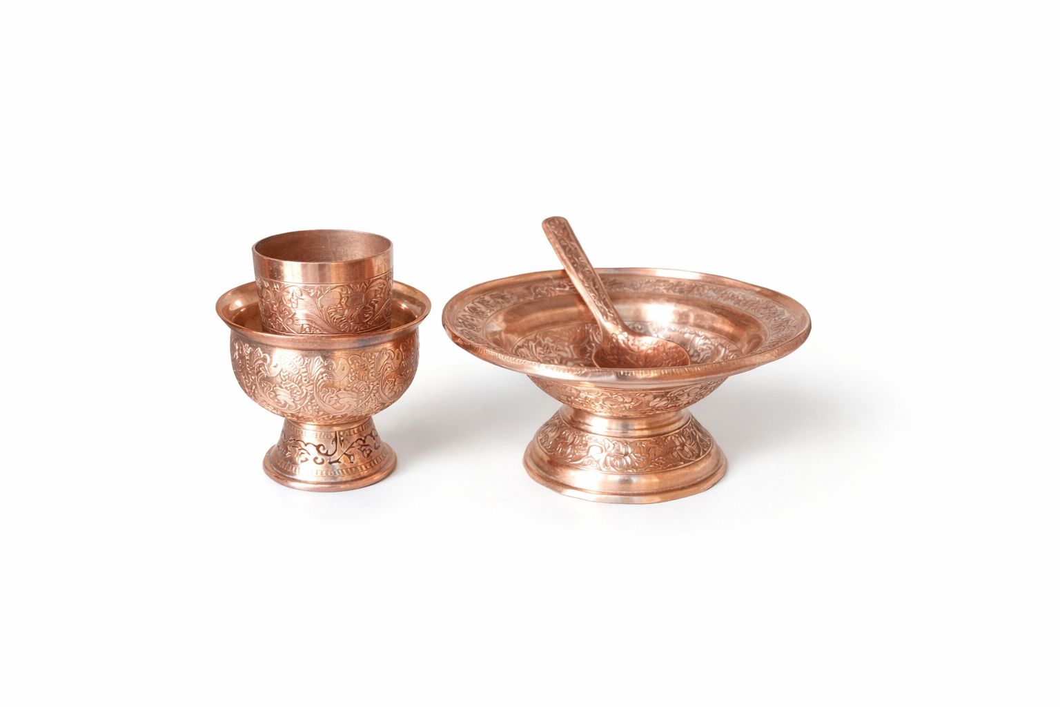 Handcrafted Engraved Copper Pooja Prasad Serving Set with Bowl, Cup & Spoon