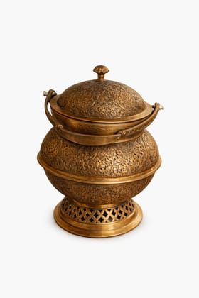Handcrafted Engraved Brass Charcoal Food Warmer with Lid & Pedestal Base Handcrafted Engraved Brass Charcoal Food Warmer with Lid & Pedestal Base