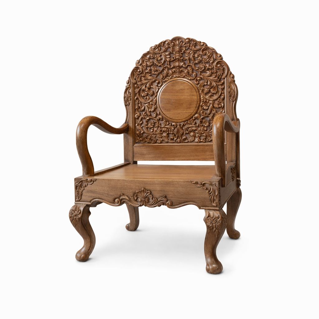 Handcrafted Sheesham Wood Maharaja Armchair with Intricate Floral Carving