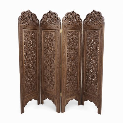 Handcrafted Solid Wood 4-Panel Folding Room Divider with Intricate Carved Design