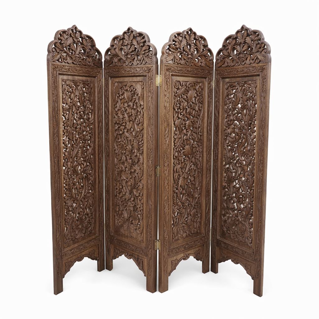 Handcrafted Solid Wood 4-Panel Folding Room Divider with Intricate Carved Design