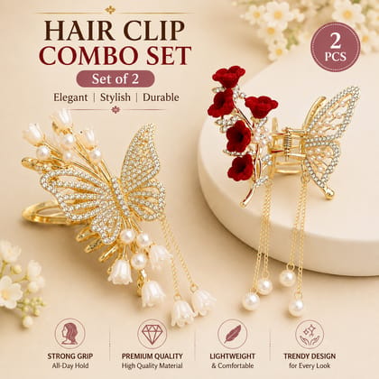 Set of 2 Premium Butterfly & Floral Pearl Hair Claw Clips