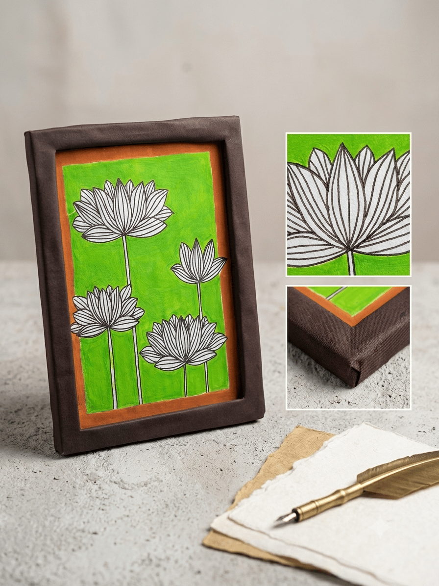 Hand-Painted Pichwai Style Lotus Art in Suede Frame