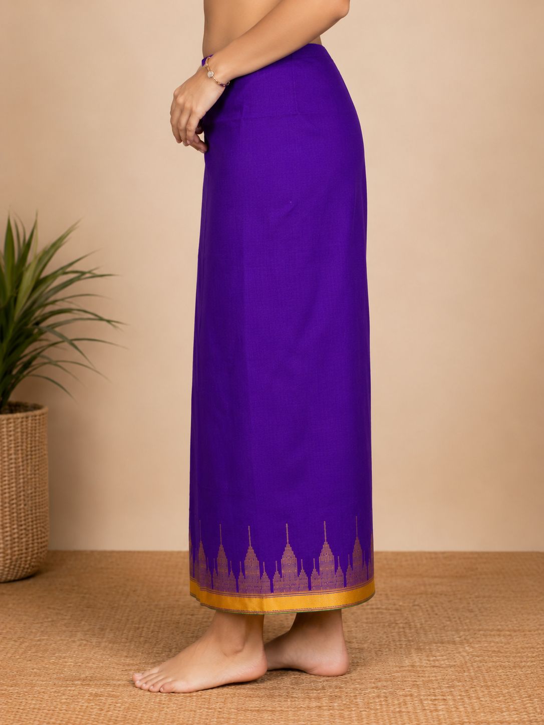 Purple Manipuri Mekhela with Golden Border and Tajmahal Motif