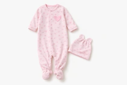 Baby Girls' Pink Heart Print Cotton Sleepsuit & Cap Set Baby Girls' Pink Heart Print Cotton Sleepsuit & Cap Set