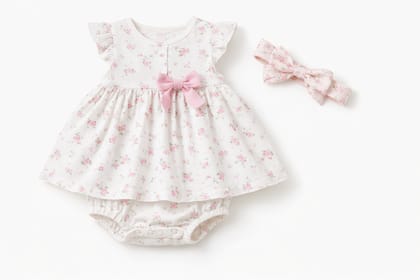 Baby Girls' Floral Cotton Dress Romper with Matching Bow Headband Baby Girls' Floral Cotton Dress Romper with Matching Bow Headband