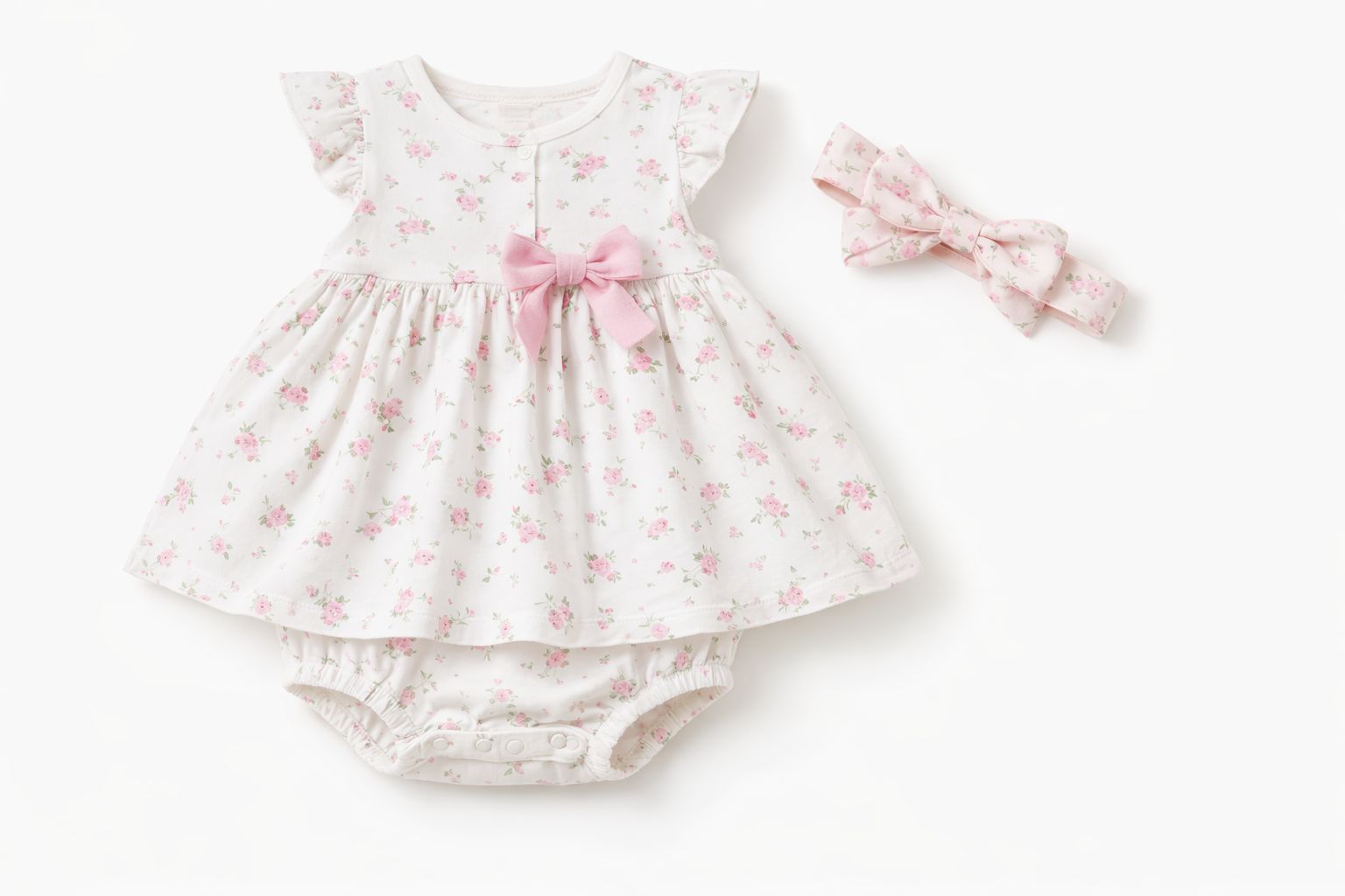 Baby Girls' Floral Cotton Dress Romper with Matching Bow Headband