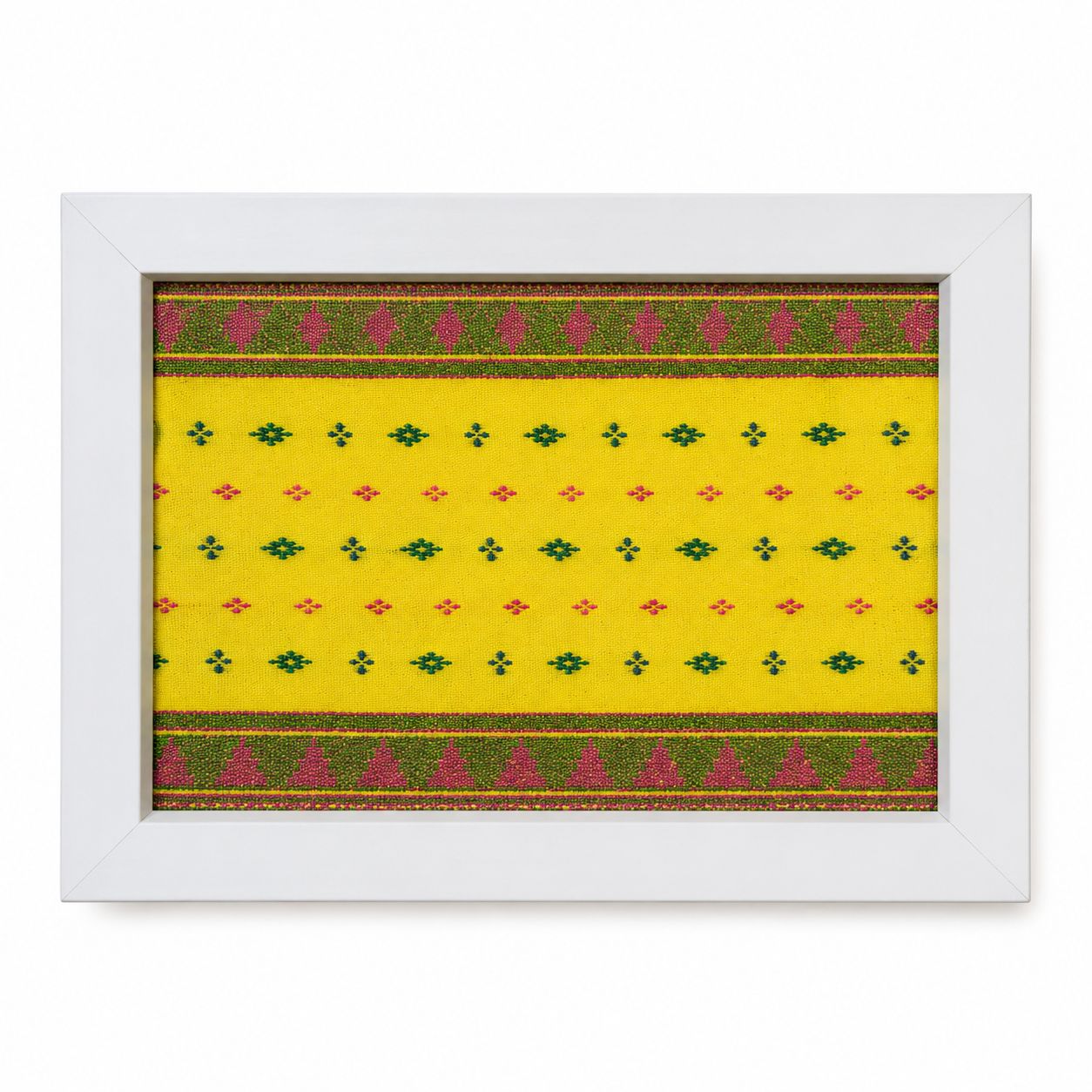 Handwoven Textile Wall Art in White Frame – Yellow Traditional Pattern