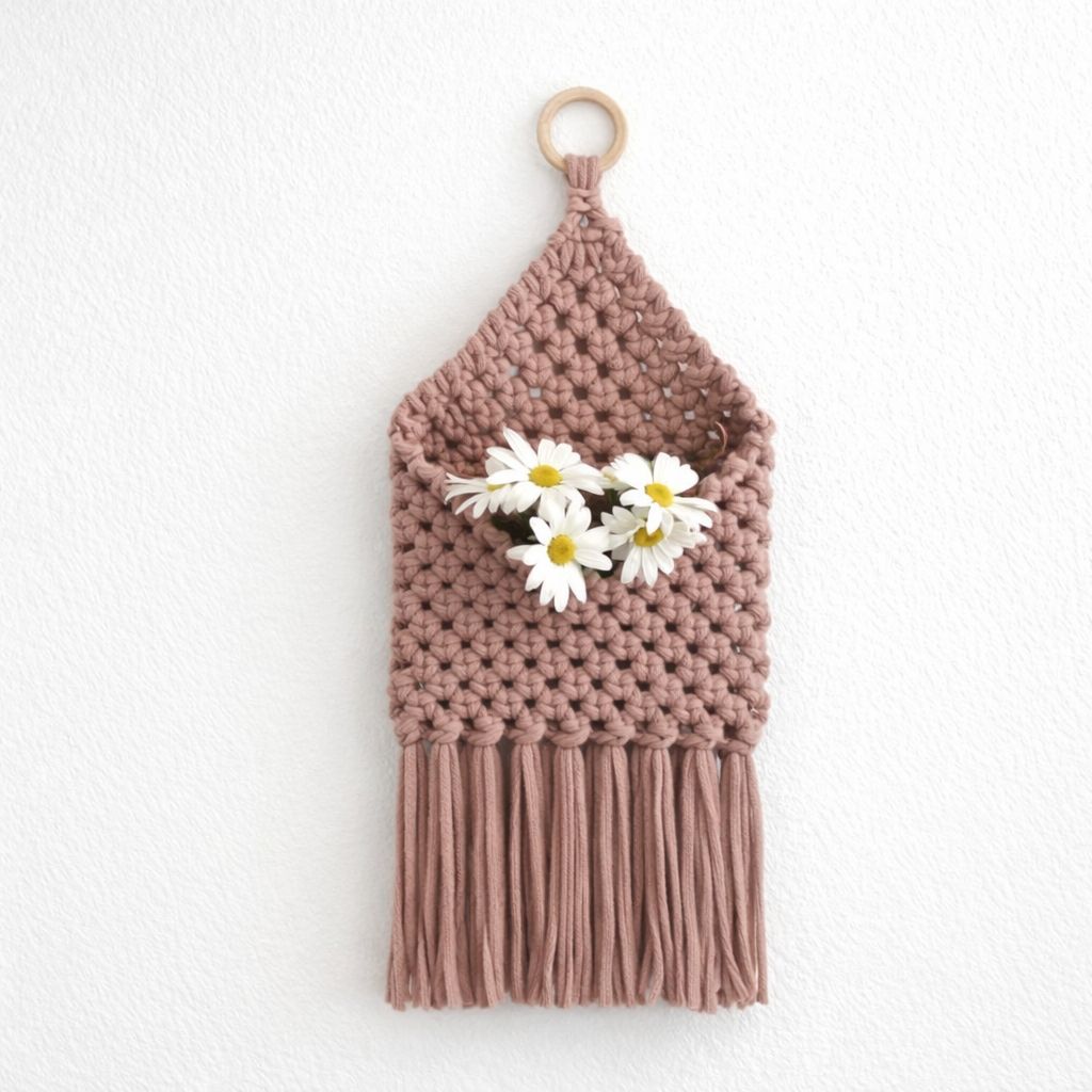 Hand-Knotted Boho Macrame Wall Hanging with Daisies & Fringed Trim - Pink