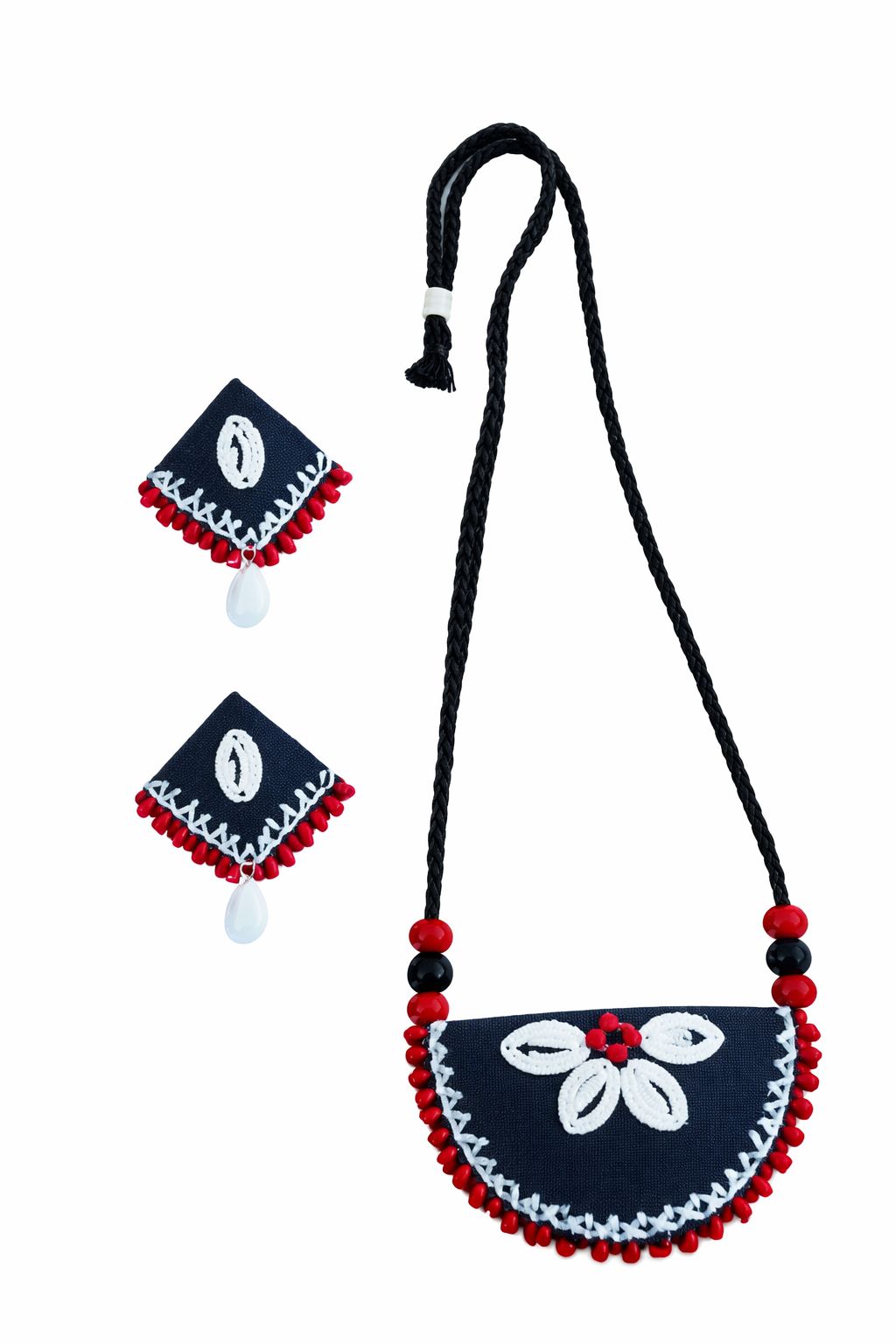 Handcrafted Fabric Tribal Jewelry Set Necklace & Earrings Blue/Red