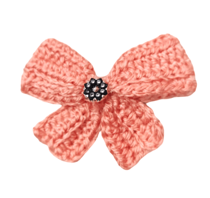 Handmade Crochet Bow Hair Clip - Coral Peach with Rhinestone (pack of 2)