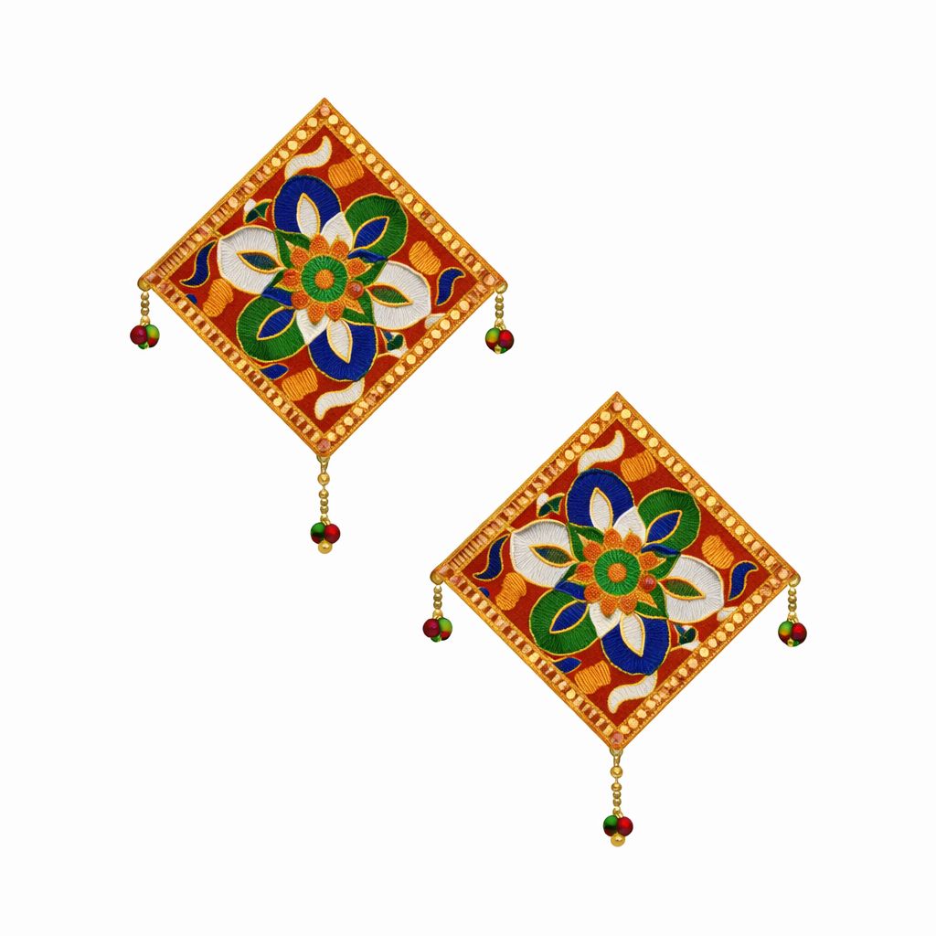 Handcrafted Multi-Color Fabric Embroidered Square Dangle Earrings (Pair)