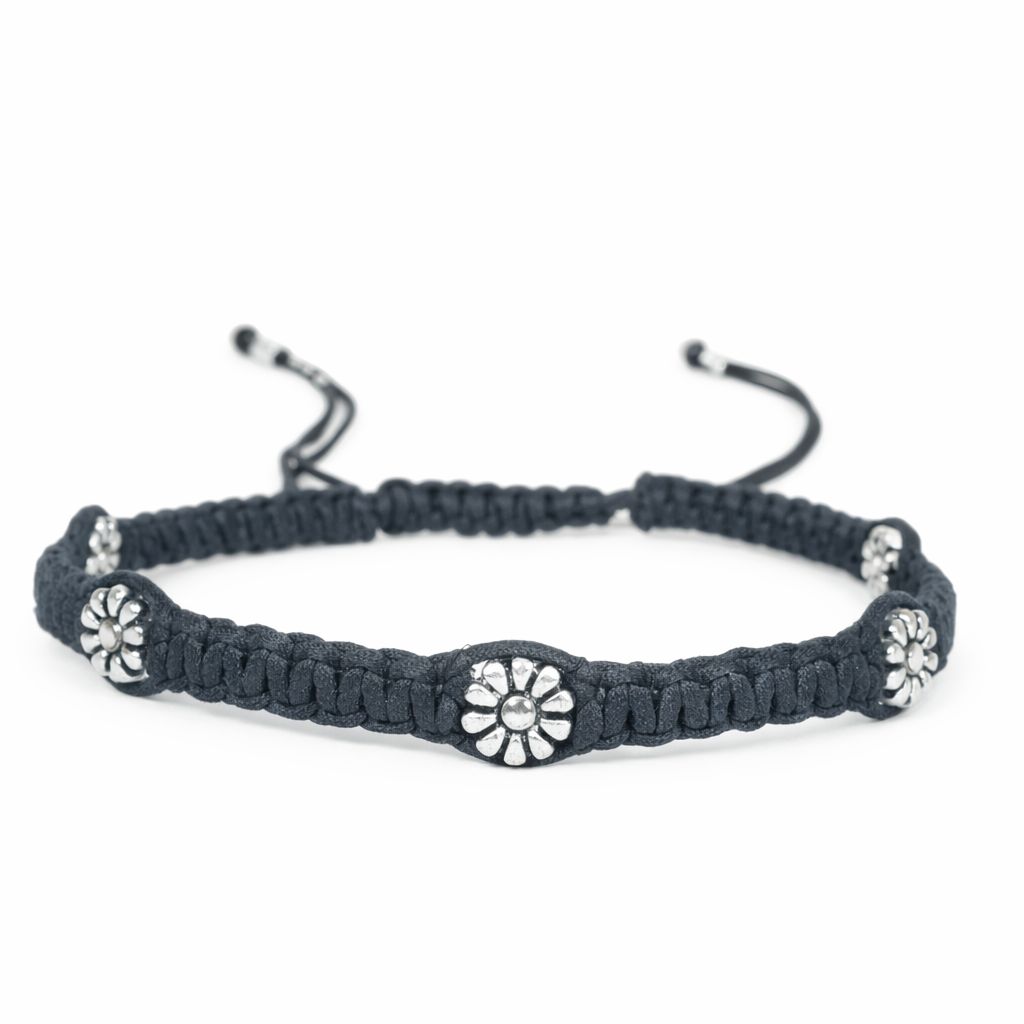 Handmade Black Macrame Bracelet with Metal Flowers