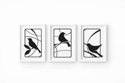 Set of 3 Minimalist Framed Bird Wall Art Prints, Black & White Stained Glass Style Set of 3 Minimalist Framed Bird Wall Art Prints, Black & White Stained Glass Style