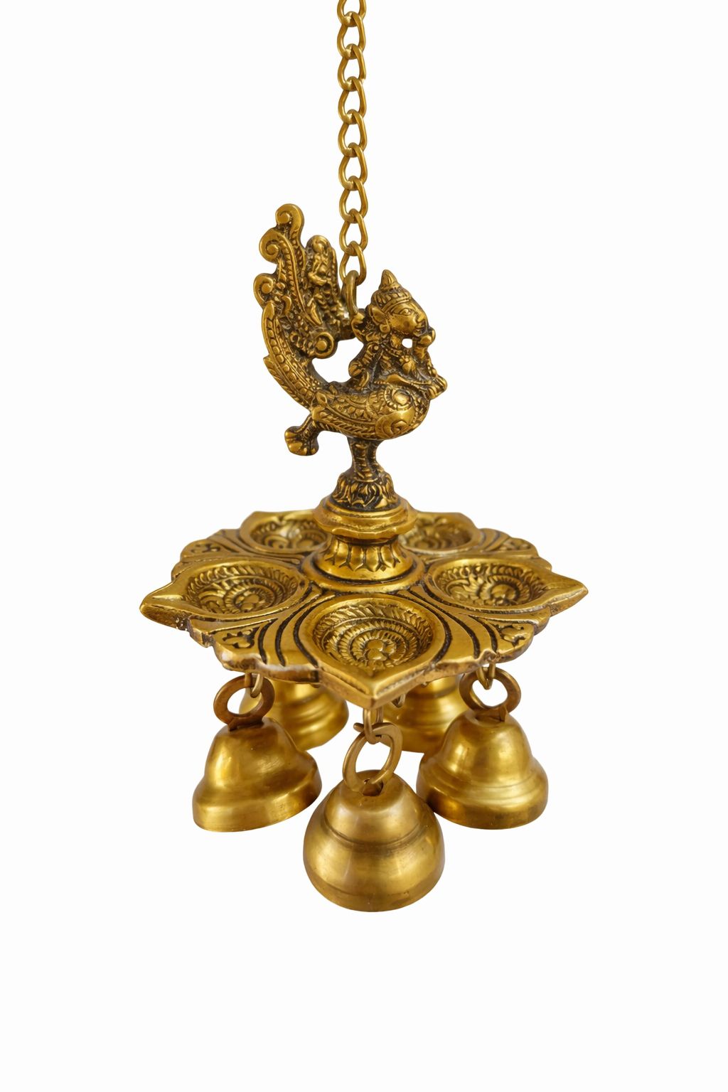 Traditional Brass Hanging Peacock Diya with 4 Bells