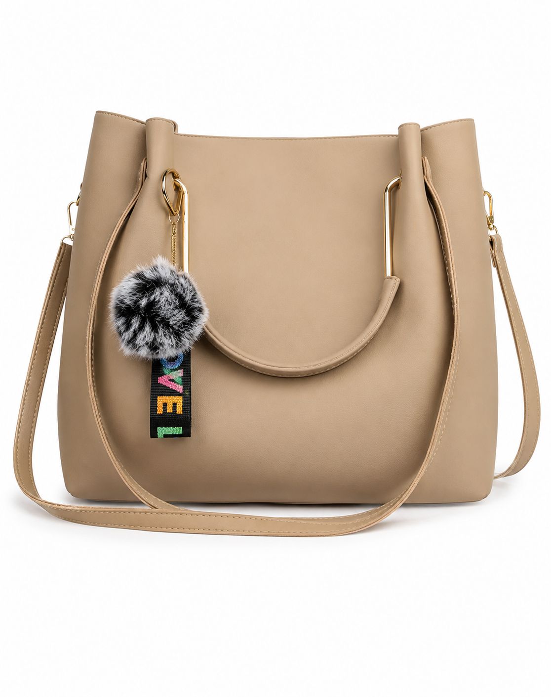 Women's Elegant Beige Faux Leather Shoulder Tote Bag with Charm