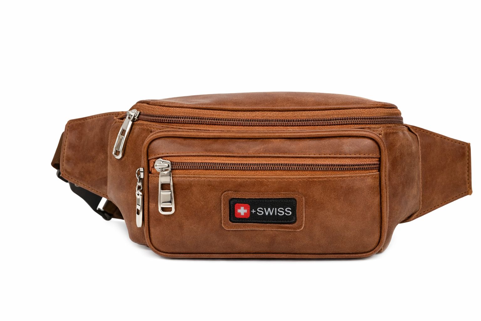 Brown Faux Leather Multi-Pocket Fanny Pack Waist Bag with +SWISS Logo