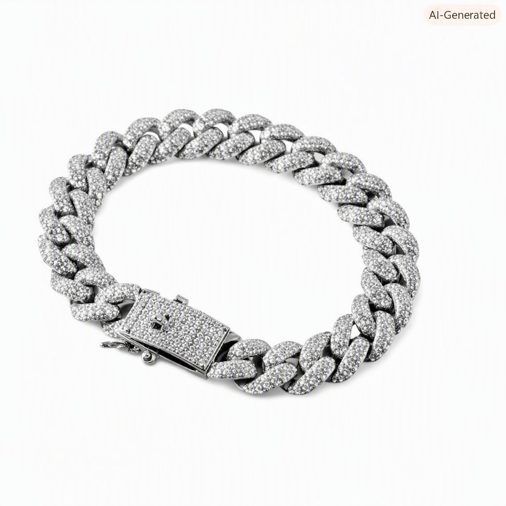 Silver Full Iced Out Cuban Link Chain Bracelet