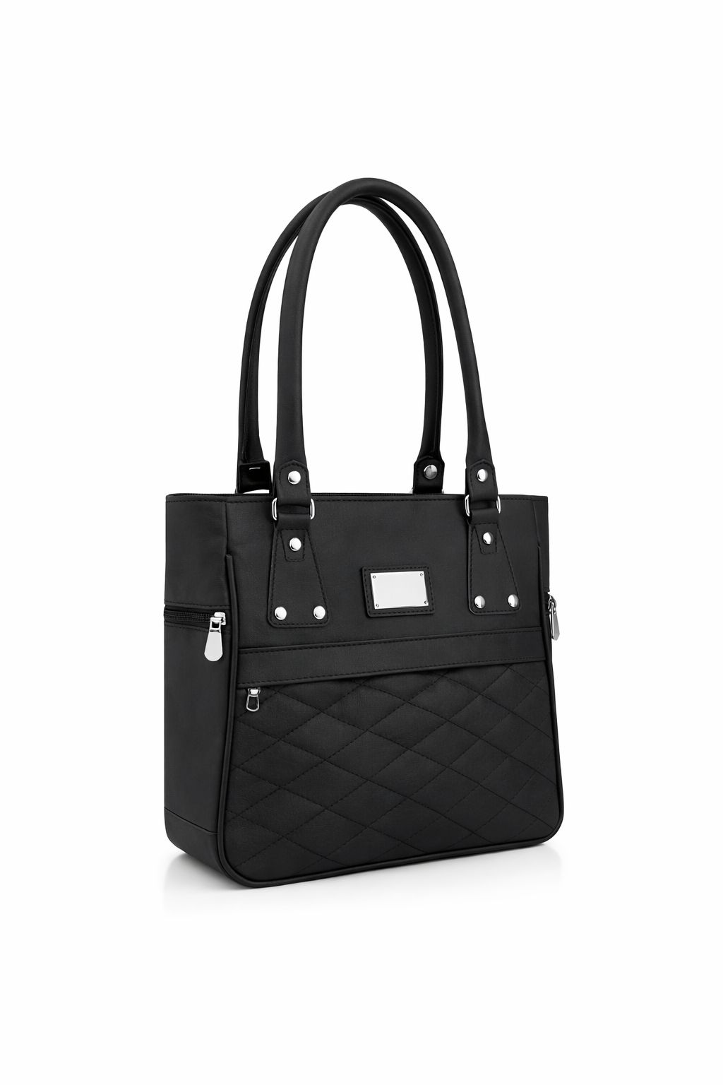 Black Quilted Faux Leather Tote Handbag with Silver Hardware