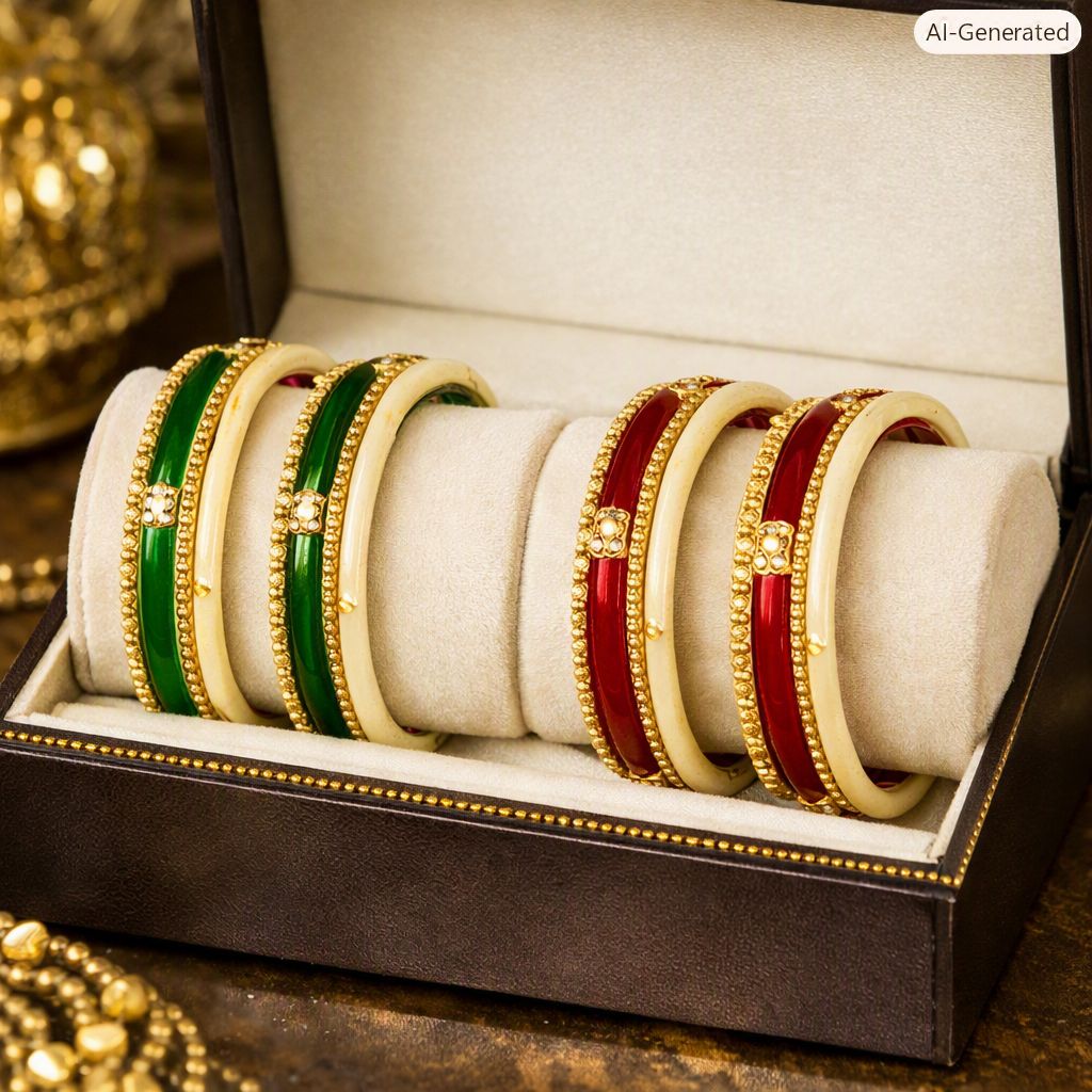 Handcrafted Green and Red Acrylic Bangle Set with White Rims and Gold Charms