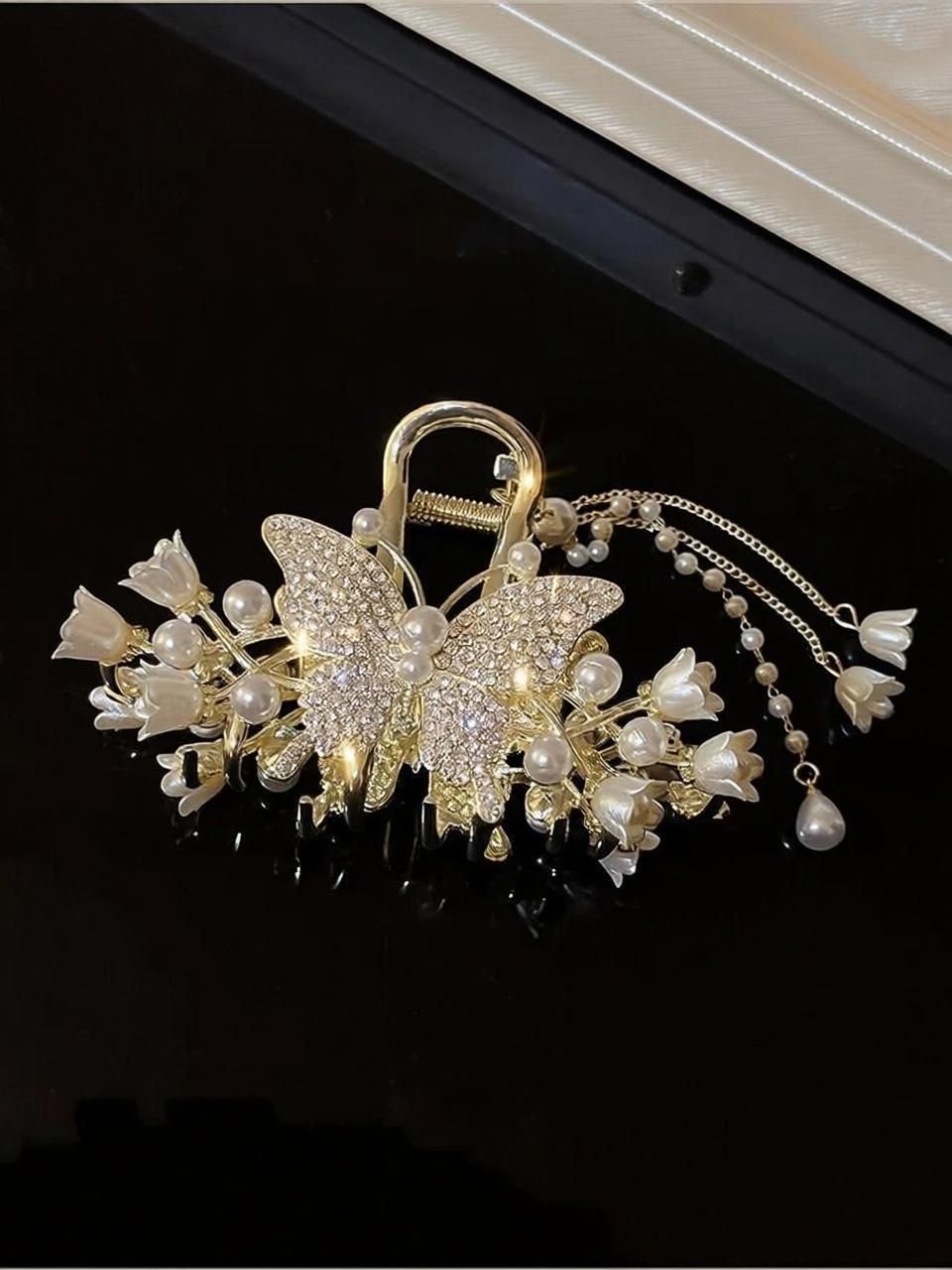 Elegant Pearl Floral Metal Hair Claw Clip 