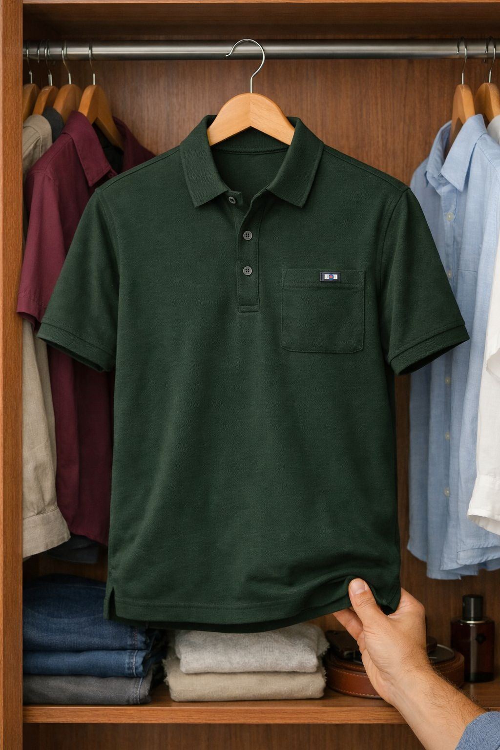 Men's Dark Green Long-Sleeve Pique Polo Shirt