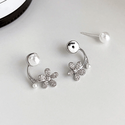 CHASAU Silver Tone Pearl and Crystal Flower Front Back Earrings