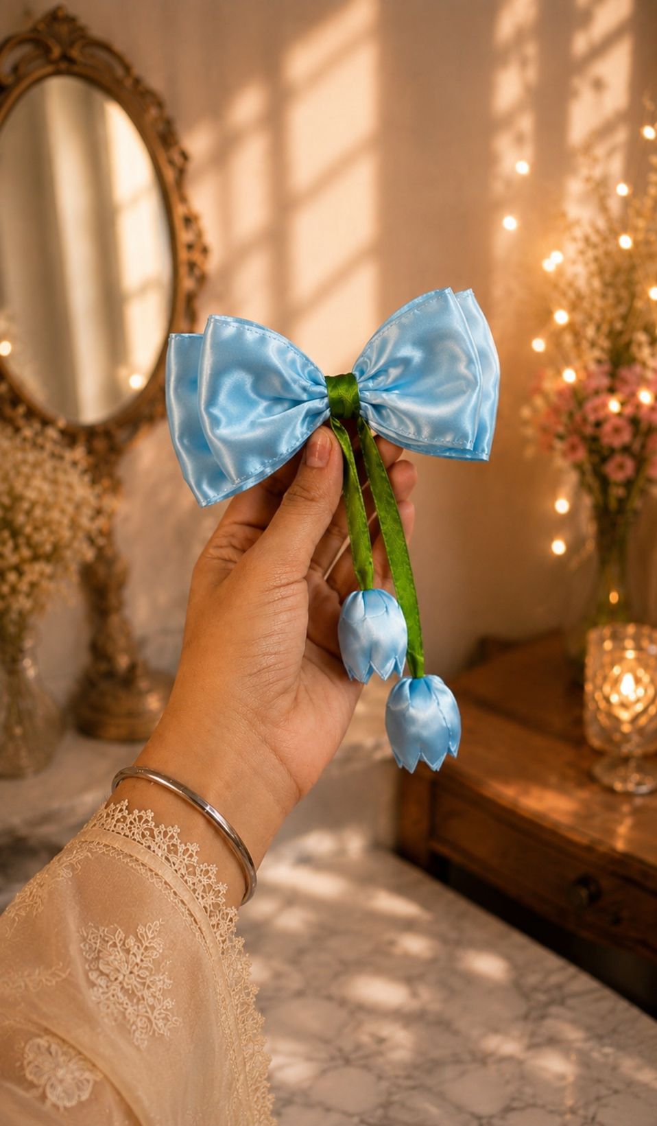 Handmade Sky Blue Satin Tulip Hair Bow for Women and Girls.