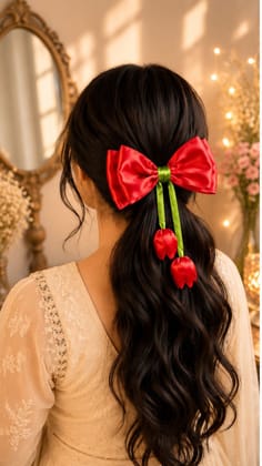 Large Red Satin Hair Bow with Tulip Dangles