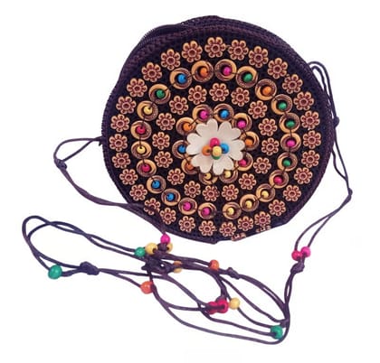 Handmade Round Crossbody Bag with Carved Wooden Beads