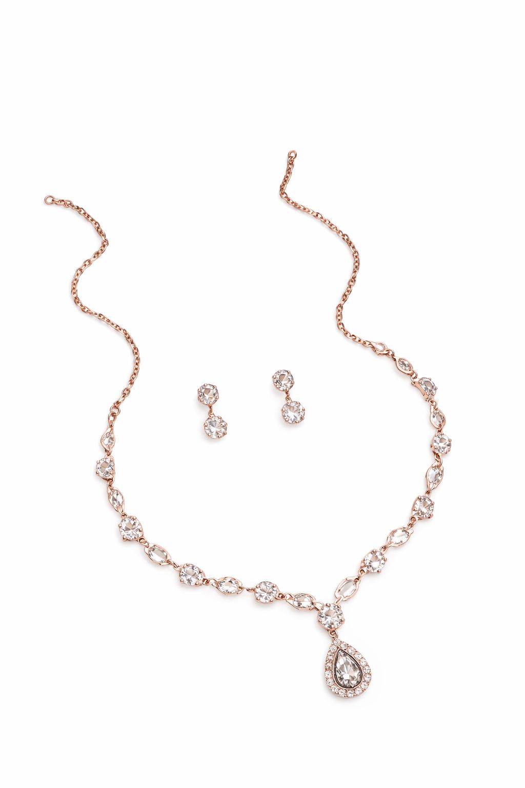 Rose Gold Tone Crystal Teardrop Pendant Necklace & Earrings Set