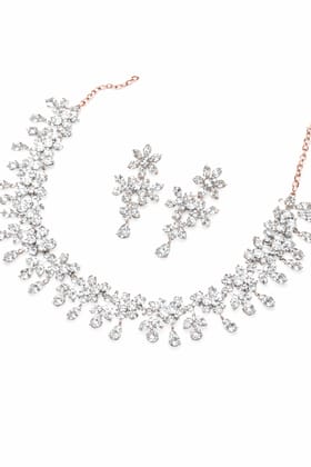 Rose Gold Tone Floral Cluster Crystal Necklace & Dangle Earring Set Rose Gold Tone Floral Cluster Crystal Necklace & Dangle Earring Set