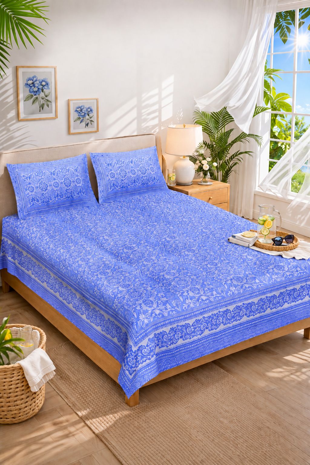 DHRUVINSRI Combed Cotton King Bed Size Bedsheet Set 90*108 inches with 2 Pillow Covers, Luxury Floral Print-Blue Color