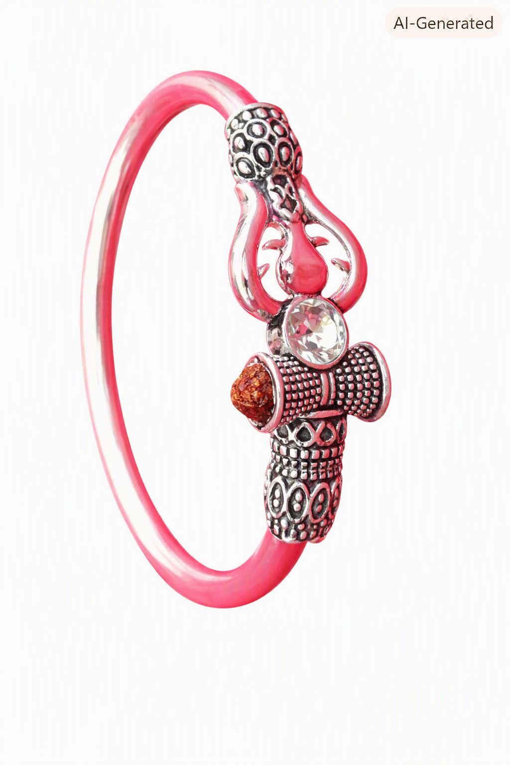 Antique Silver Trishul and Rudraksha Pink Bangle Kada Bracelet with Crystal