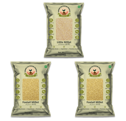 Sedya Three Millet Combo Whole Grains | Little Millet 500 g & Foxtail Millet 500 g, 2 Packs | Certified Low GI | Samai, Korralu | Gluten Free | Unpolished, Toasted, No Soaking Required | High Plant Protein & Fibre | Total 1.5 Kg