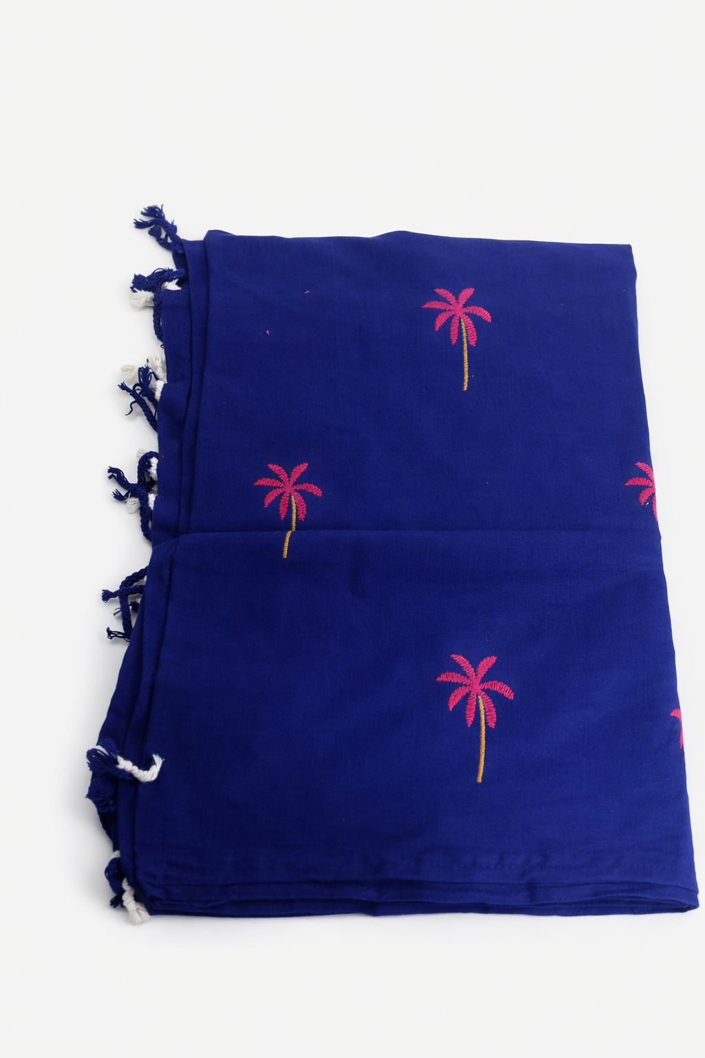 Blue Embroidered Palm Tree Beach Stole with Tassels