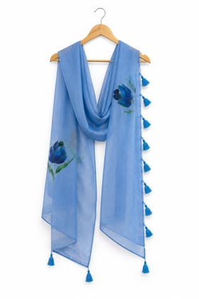 Blue Hand-Painted Tulip Scarf with Tassels