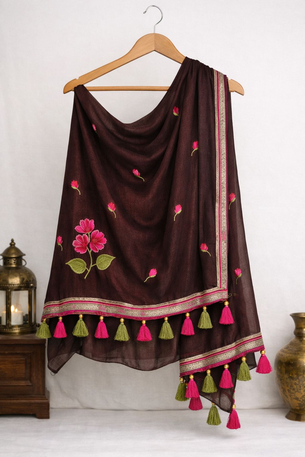 Women's Dark Brown Embroidered Dupatta with Tassels