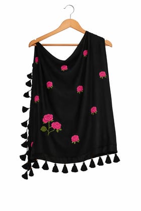 Black Embroidered Rose Scarf with Tassels