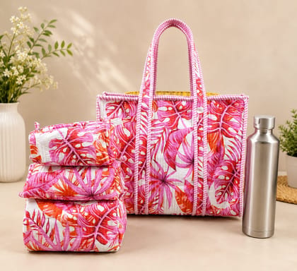 Pink Tropical Quilted Tote Bag and 3 Pouch Set (4-Piece College Kit)