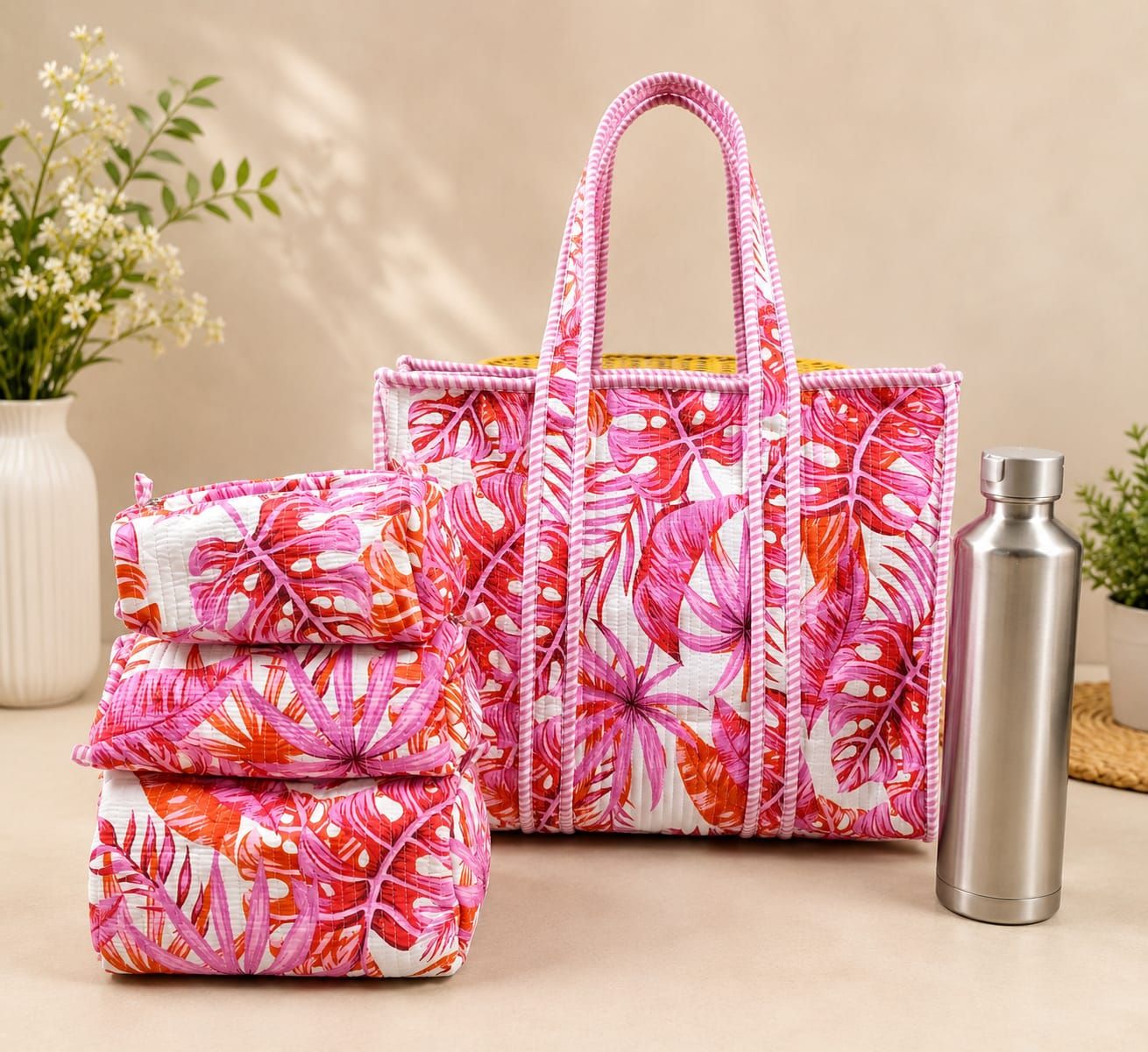 Pink Tropical Quilted Tote Bag and 3 Pouch Set (4-Piece College Kit)
