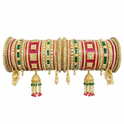 Kundan & Green Stone Bridal Chura Bangle Set with Jhumki Latkan (Red)