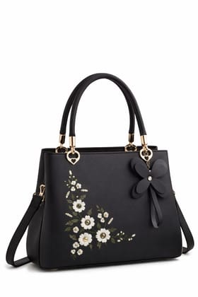Elegant Black Handbag with Floral Embroidery & Butterfly Charm Elegant Black Handbag with Floral Embroidery & Butterfly Charm