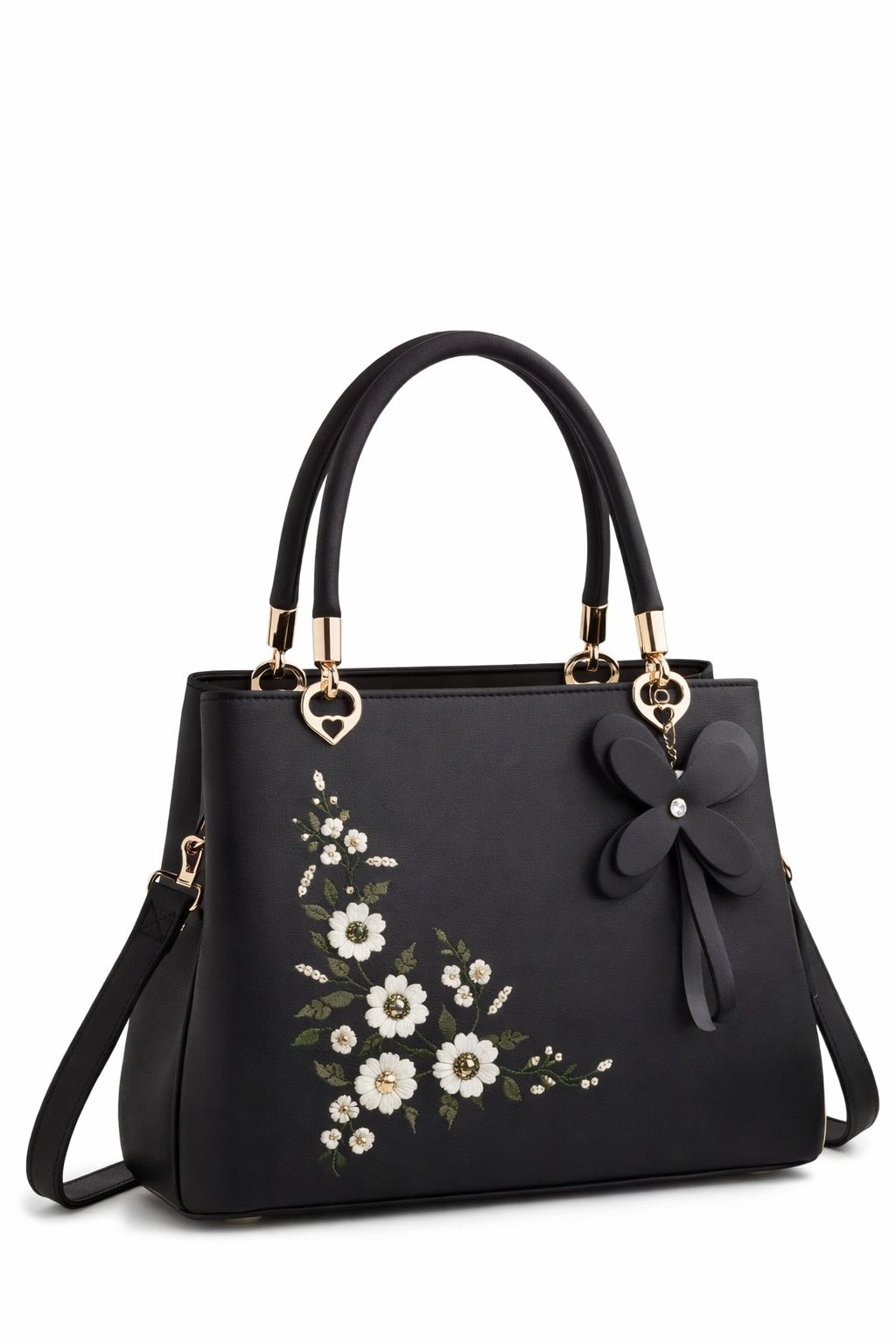 Elegant Black Handbag with Floral Embroidery & Butterfly Charm