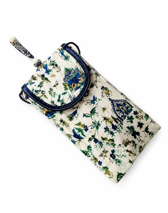 Cream & Blue Floral Block Print Mobile Pouch with Crossbody Strap Cream & Blue Floral Block Print Mobile Pouch with Crossbody Strap